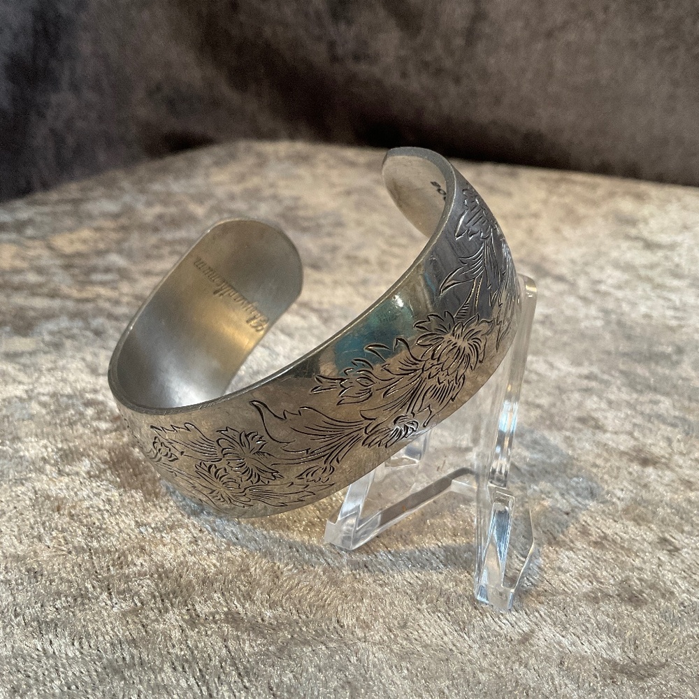 Vintage Kirk Pewter Chrysanthemum Etched Cuff Bracelet